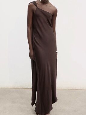 MANGO Asymmetrical One-Shoulder Satin Brown Dress